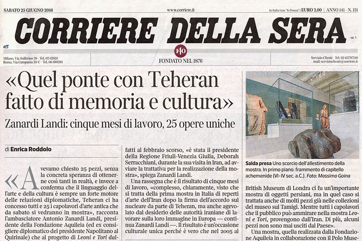 Articolo su "Il Corriere della Sera" per la mostra "Leoni e Tori" al Museo Nazionale di Aquileia, 25.6.2016. Foto di Massimo Goina