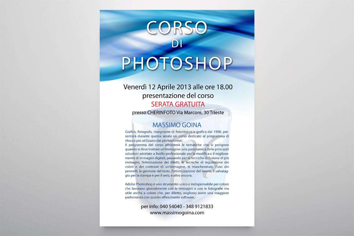 Studio Goina, Trieste. Grafica, fotografia, formazione | Corso di Photoshop con Massimo Goina presso Cherin Foto, Trieste